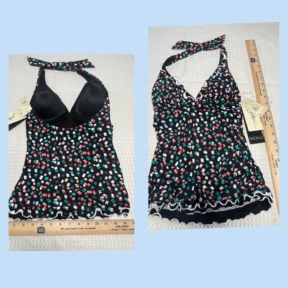 PROFILE BY GOTTEX Gin Fizz Swimsuit Halter Tankini Top 6 Black Multi Tie Neck - Picture 5 of 9